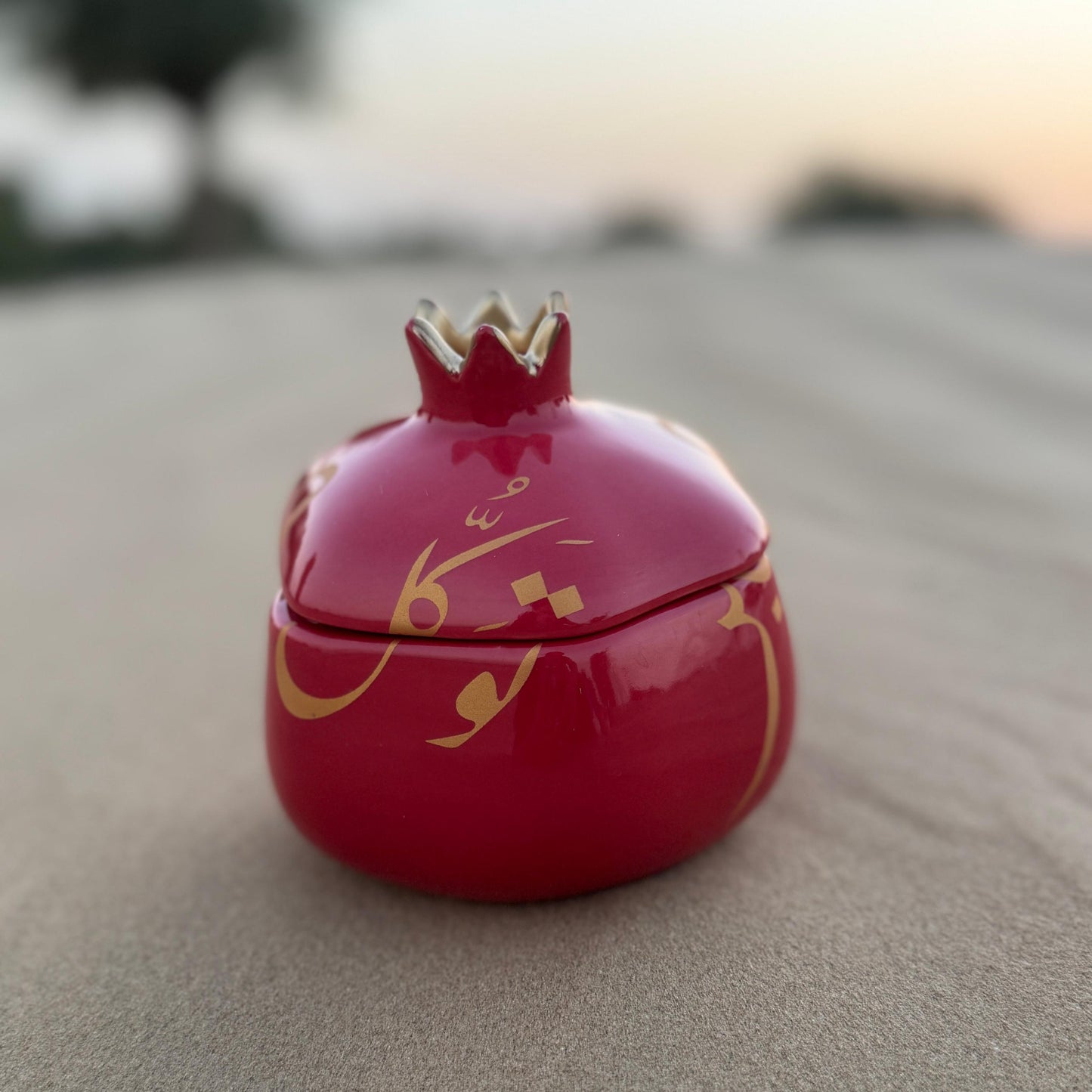 Patience & Trust Calligraphy Lidded Ceramic Pomegranate – Deep Red
