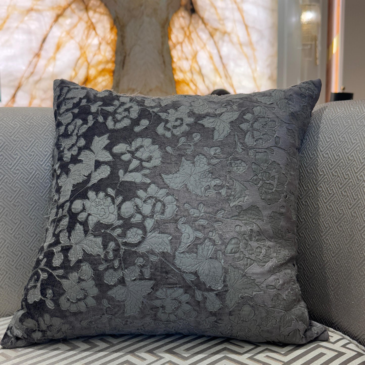 Charcoal Patch Work Velvet Cushion – 45 x 45 cm