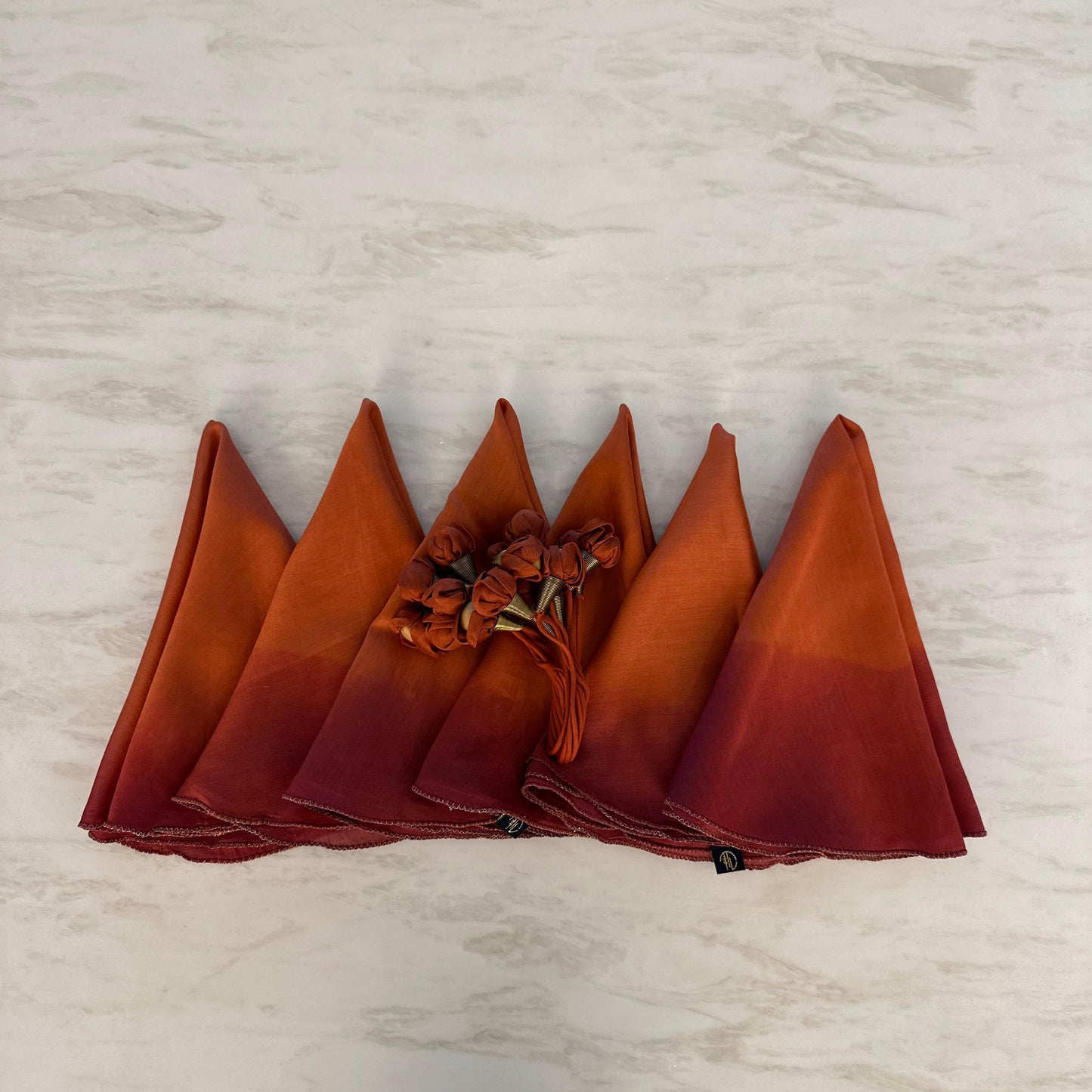 Rust to Maroon Ombre Napkin Set with Handcrafted Floral Ties – Set of 6 (50 cm Diameter)