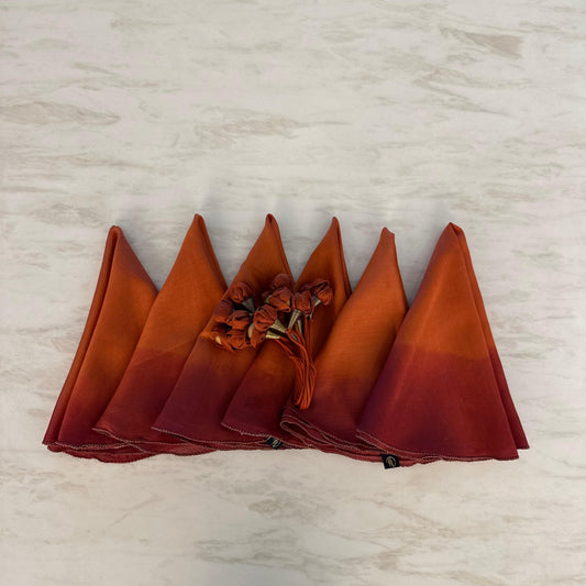 Rust to Maroon Ombre Napkin Set with Handcrafted Floral Ties – Set of 6 (50 cm Diameter)