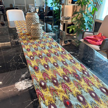 Ikat Woven Embroidered Table Runner with Tassels – 250 x 40 cm