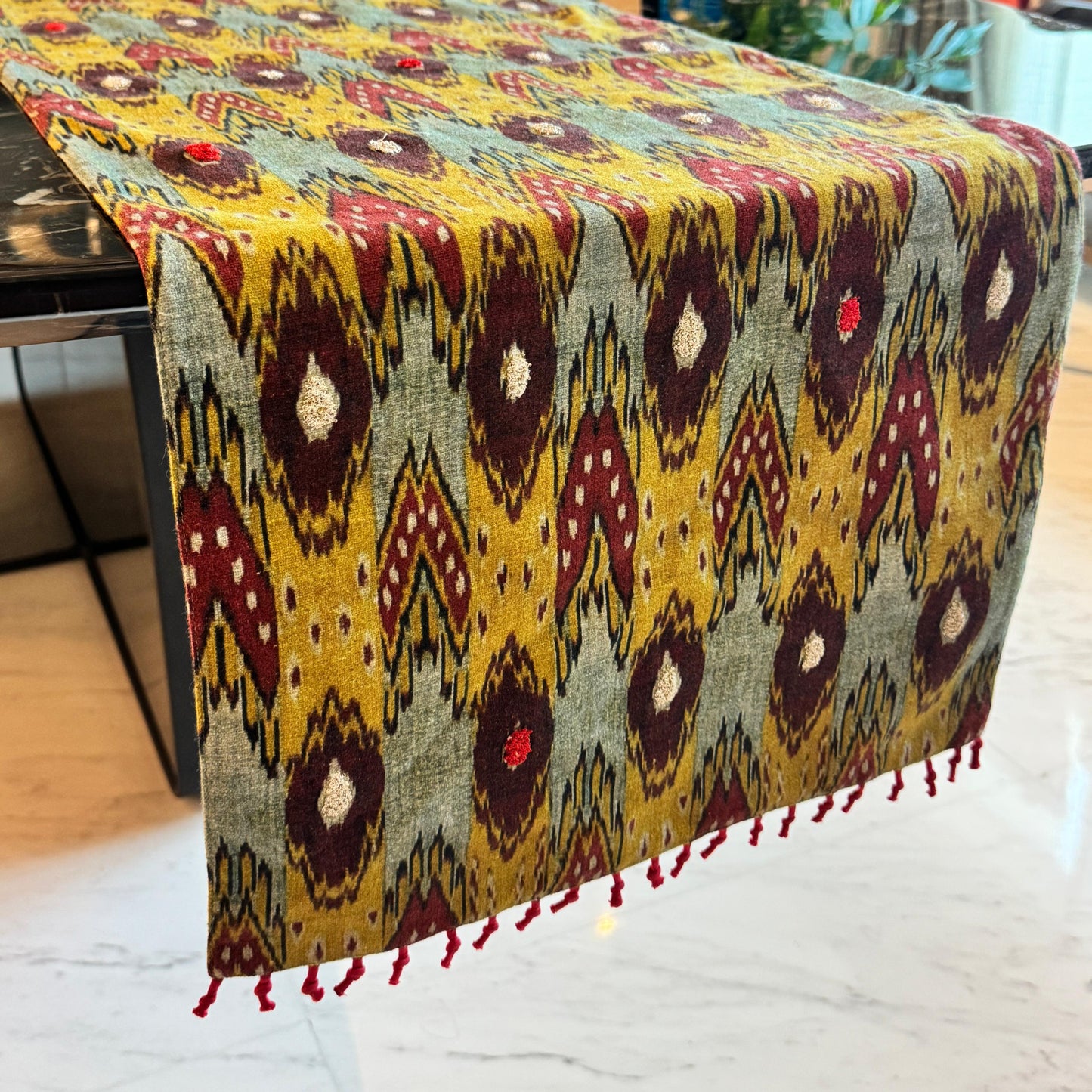 Ikat Woven Embroidered Table Runner with Tassels – 250 x 40 cm