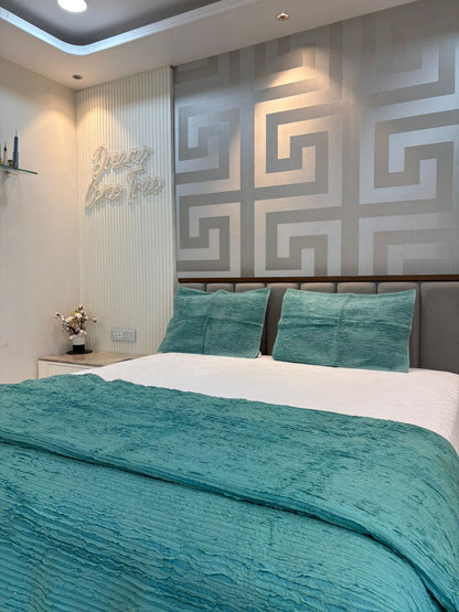 Teal Cutwork Quilted Bed Cover Set – 250 x 250 cm + Pillow Covers (50 x 75 cm)