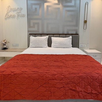 Rust Crinkled & Diamond-Quilted Cotton Silk Bed Throw – 260 x 260 cm