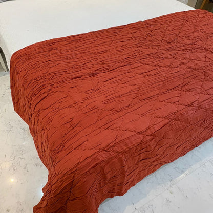 Rust Crinkled & Diamond-Quilted Cotton Silk Bed Throw – 260 x 260 cm