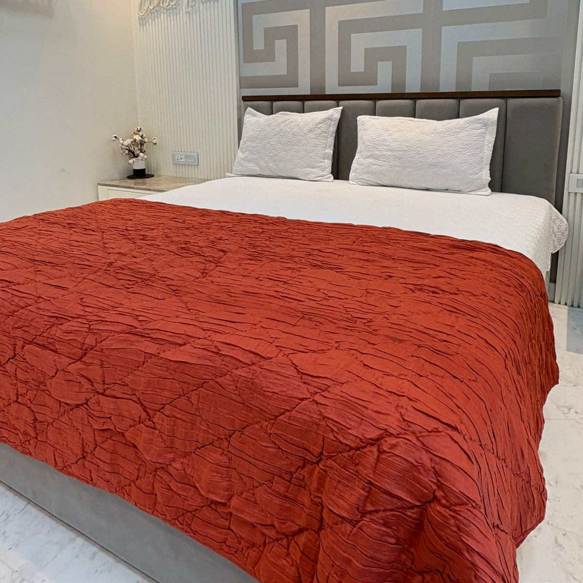 Rust Crinkled & Diamond-Quilted Cotton Silk Bed Throw – 260 x 260 cm