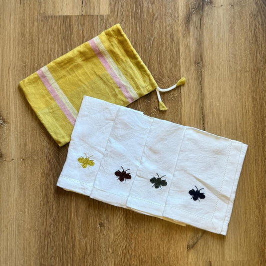 Bee Embroidered White Linen Napkins - Set of 4