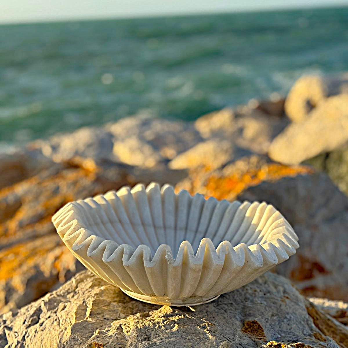 Handcrafted White Marble Ruffle Bowl