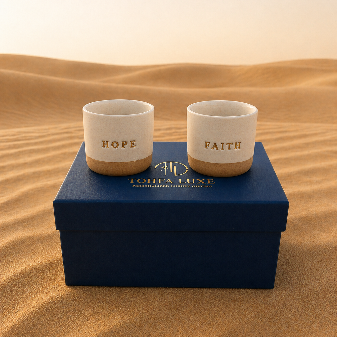 Hope & Faith Ceramic Gold Engraved Cup Set – English & Arabic - Set of 2 - Gift Box
