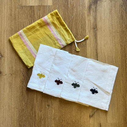 Bee Embroidered White Linen Napkins - Set of 4