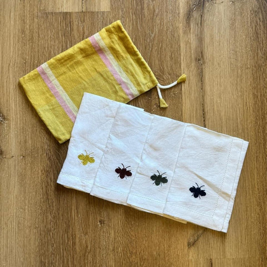 Bee Embroidered White Linen Napkins - Set of 4