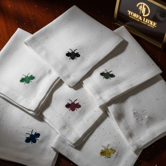 Bee Embroidered White Linen Napkins - Set of 4