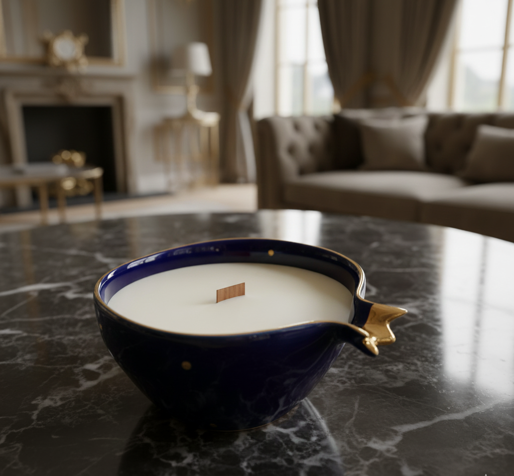 Half Pomegranate Soy Candle – Blue Ceramic with 22K Gold Plating (300 ml)