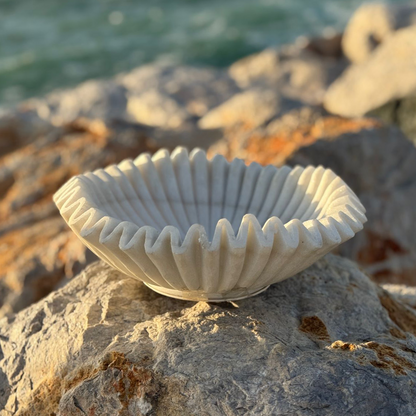Handcrafted White Marble Ruffle Bowl